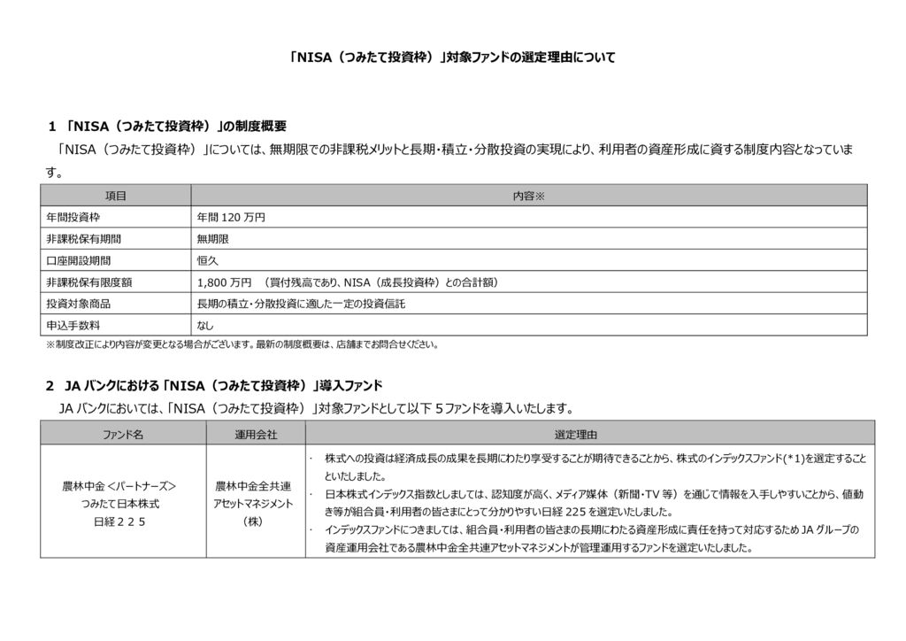 10／1ＨＰ「NISA（つみたて投資枠）」対象ファンドの選定理由についてのサムネイル